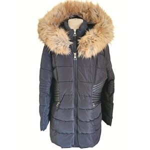 Point Zero Black Puffer Coat Faux Fur Hood Moto Detail Winter Warm Size XXL